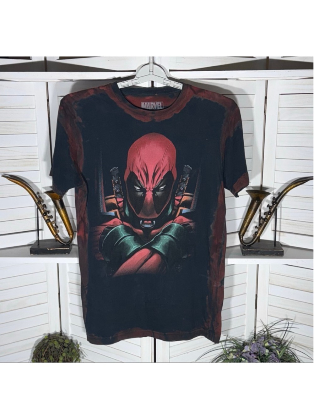 Marvel Deadpool T-shirt bleached retro 90s heroes comics characters graphics M
